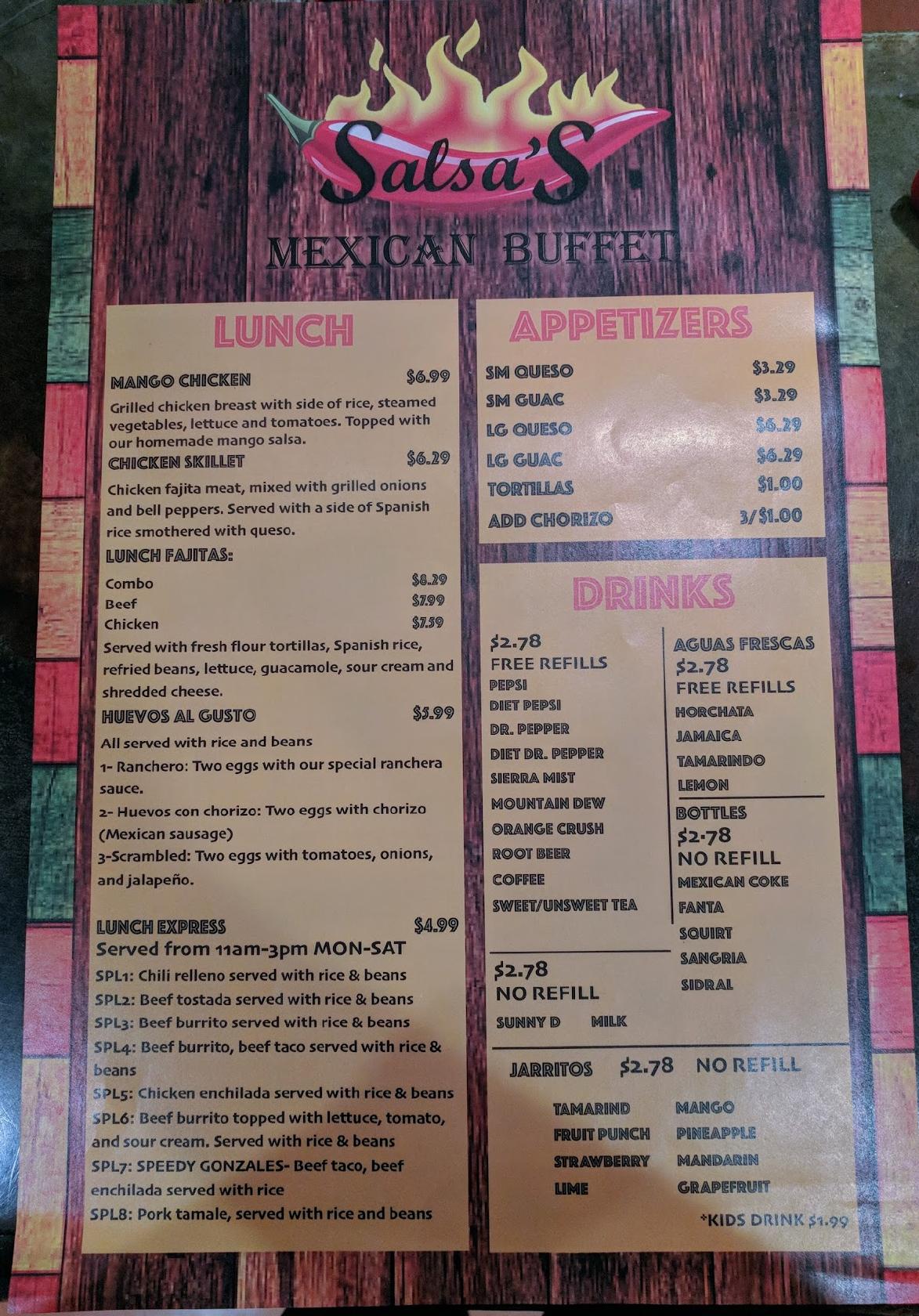 Carta del restaurante Salsa's Mexican Buffet, b City