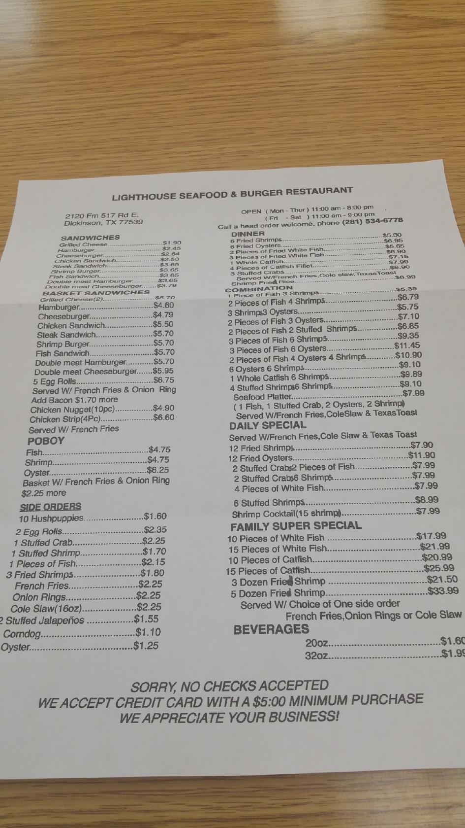 Menu At Lighthouse Seafood Restaurant Dickinson Fm 517 Rd E 