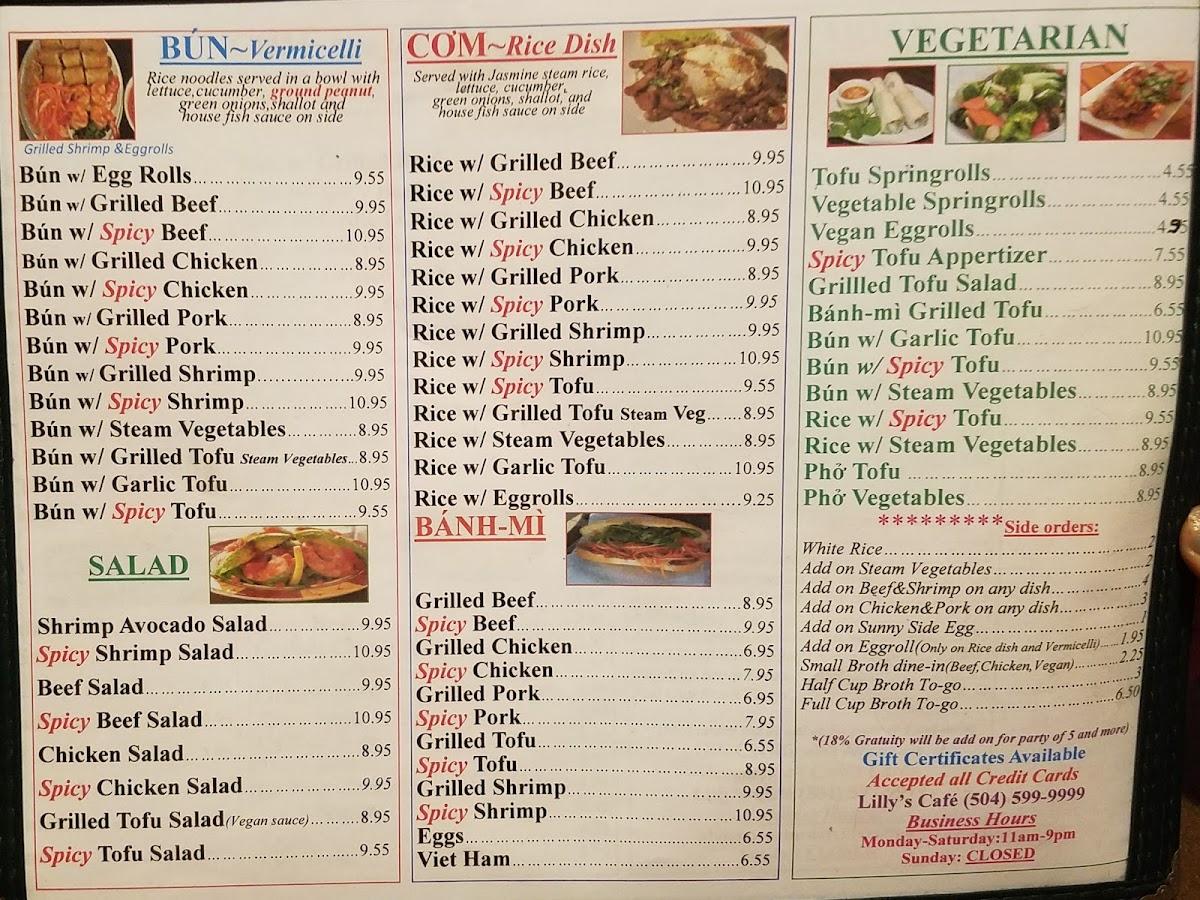 Menu at Lilly's Café restaurant, New Orleans