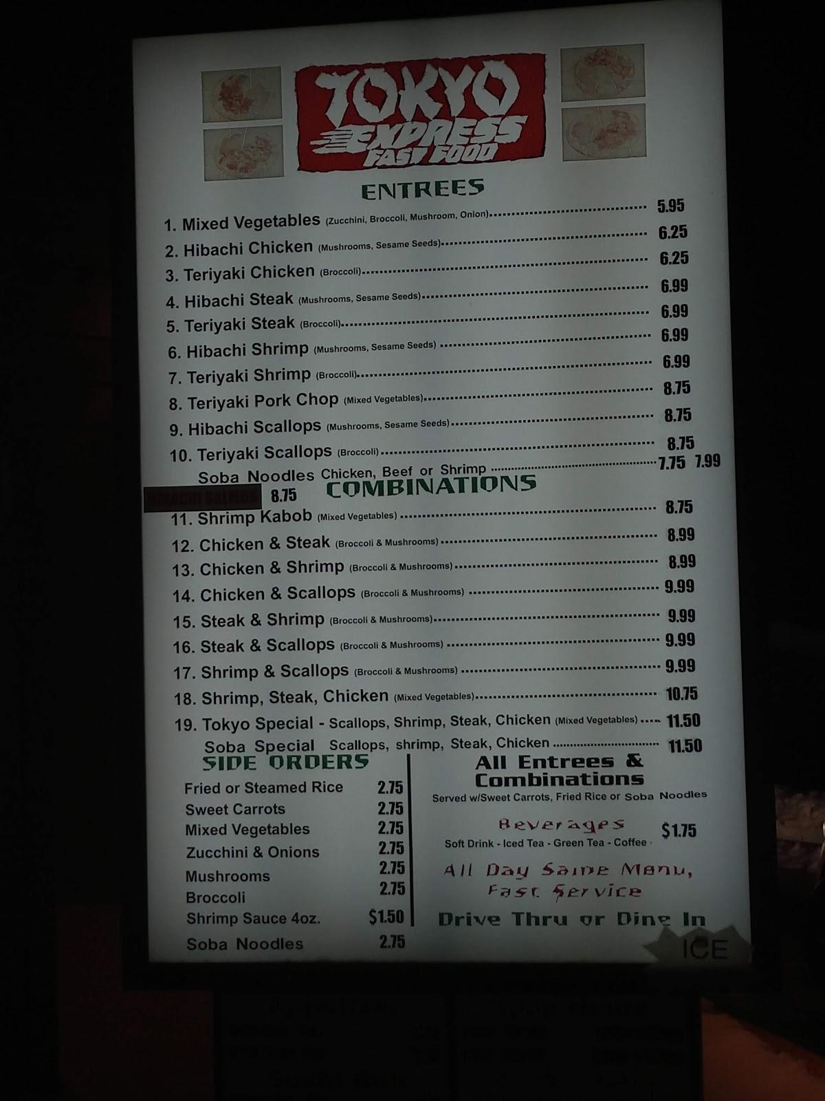 Menu at Tokyo Express restaurant, Martinsville