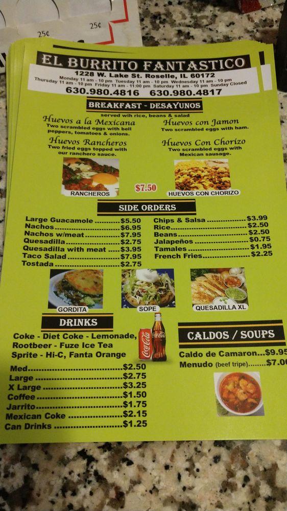Menu at El Burrito Fantastico restaurant, Roselle