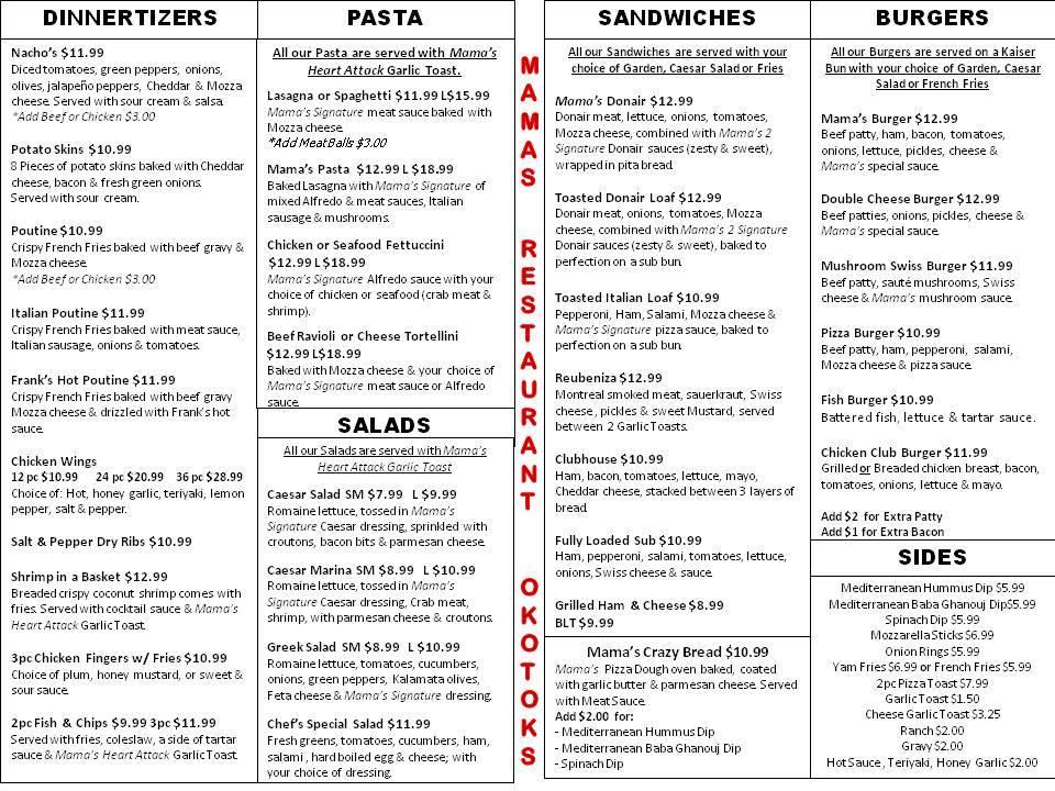 Menu At Mama's Restaurant, Okotoks, 100 Milligan Dr