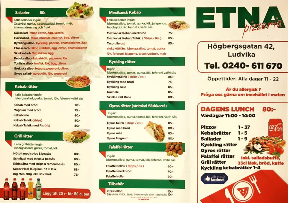 Menu at Pizzeria Etna, Ludvika
