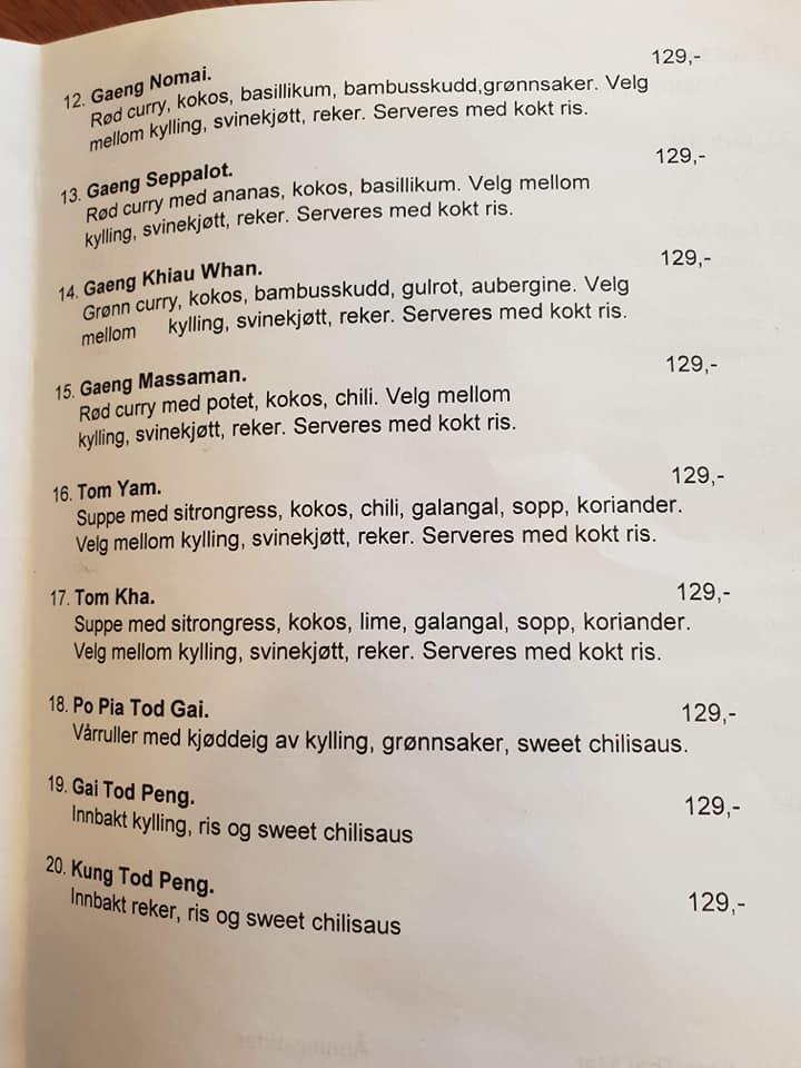 Menu at Kara Thai Mat restaurant, Oslo, Strømsveien 22A