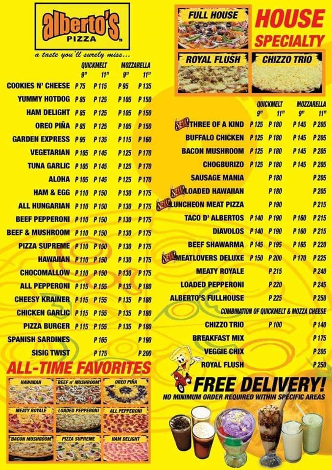 Menu at Alberto's Pizza Daro restaurant, Dumaguete, Real St