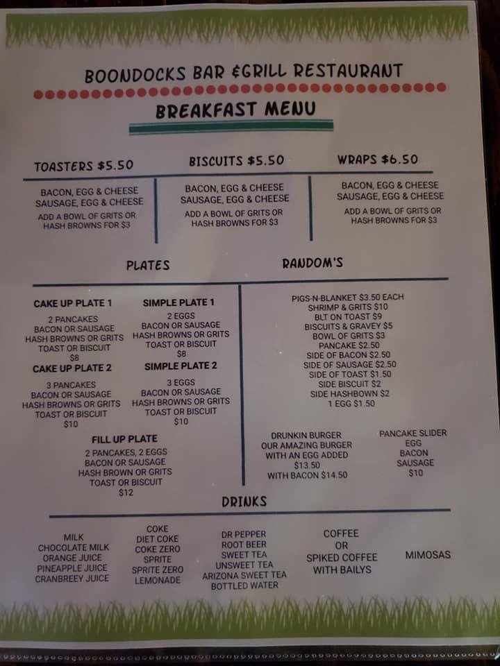 Menu at Boondocks Bar and Grill, French Settlement