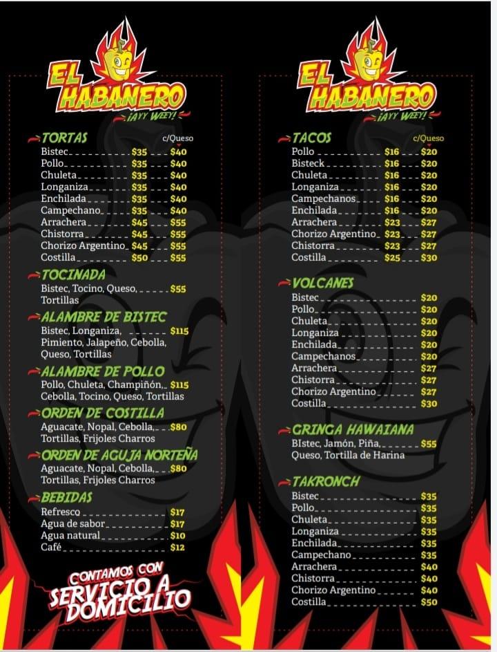 Carta del restaurante El Habanero Ayy Weey Ciudad López Mateos