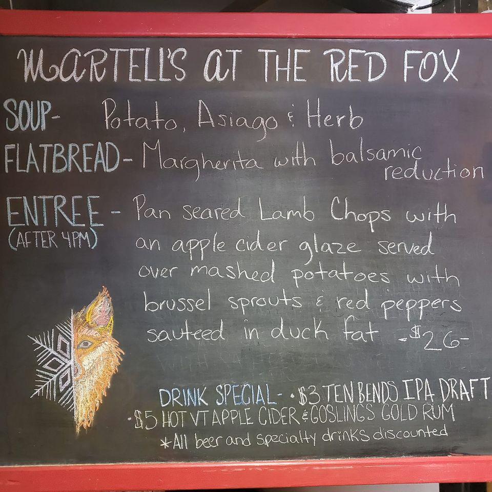 Menu at Martell's at the Red Fox restaurant, Cambridge