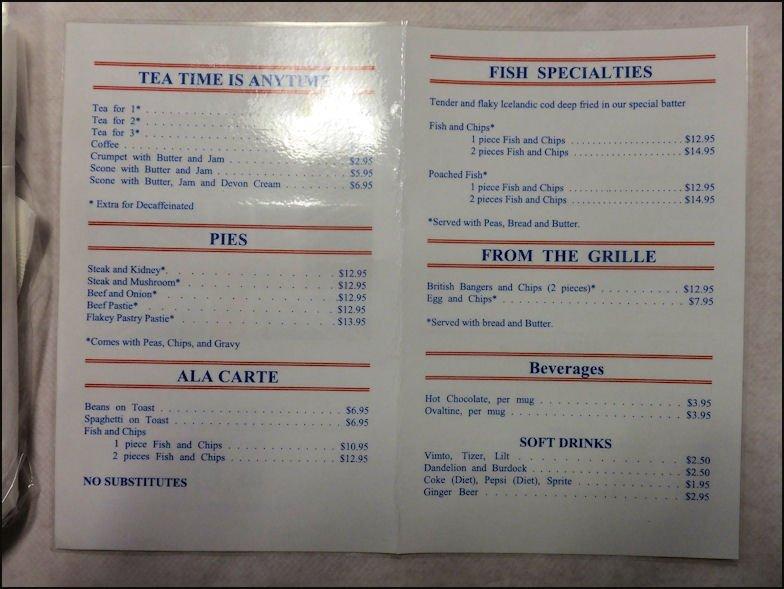 Menu at Touch of Britain restaurant, North Highlands
