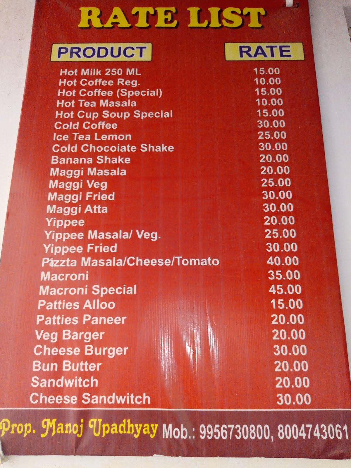 Menu at Hostel Canteen, Chak Noor