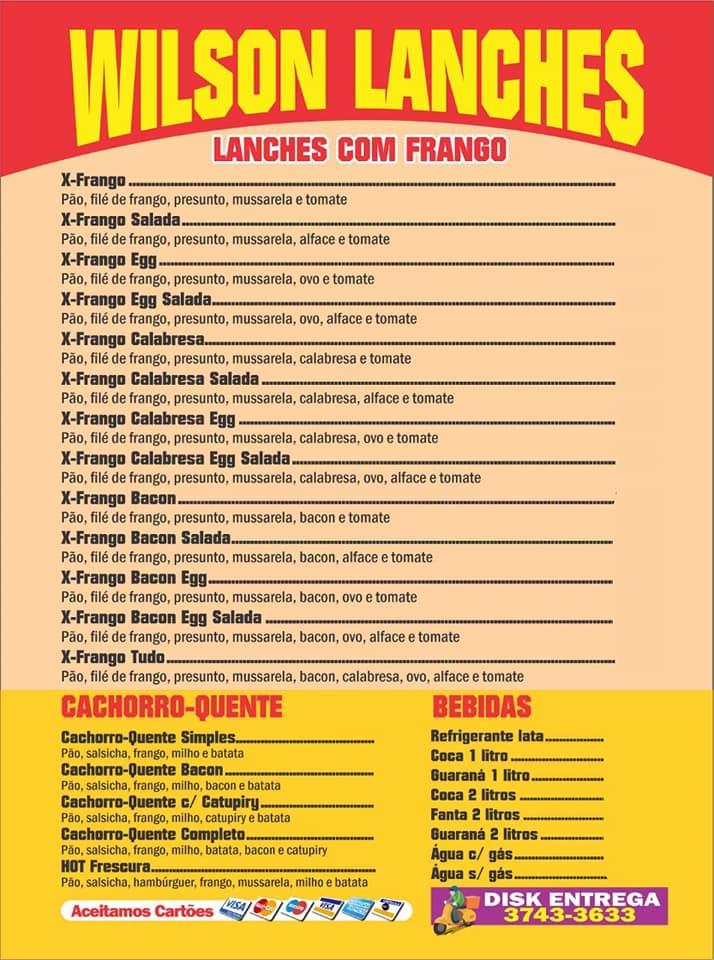 Menu at Wilson Lanches pub & bar, Ilha Solteira