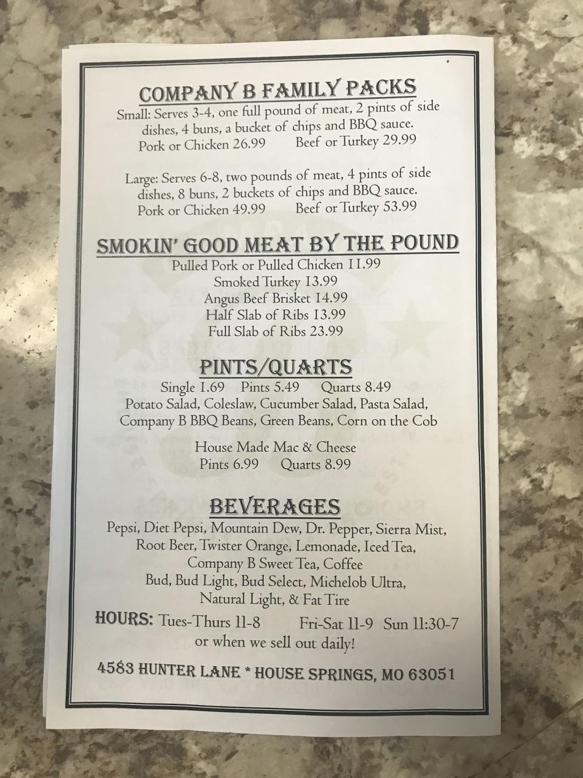 Menu At Company B Bbq, Byrnes Mill