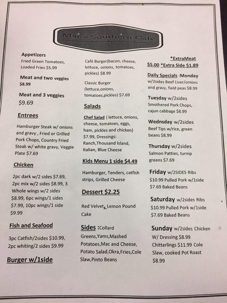 Menu at Mae's Southern Cafe, Northport, US43 5