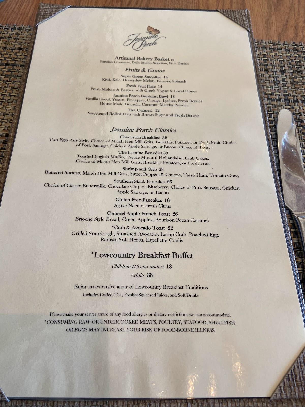 Menu at Jasmine Porch at The Sanctuary steakhouse, Kiawah Island