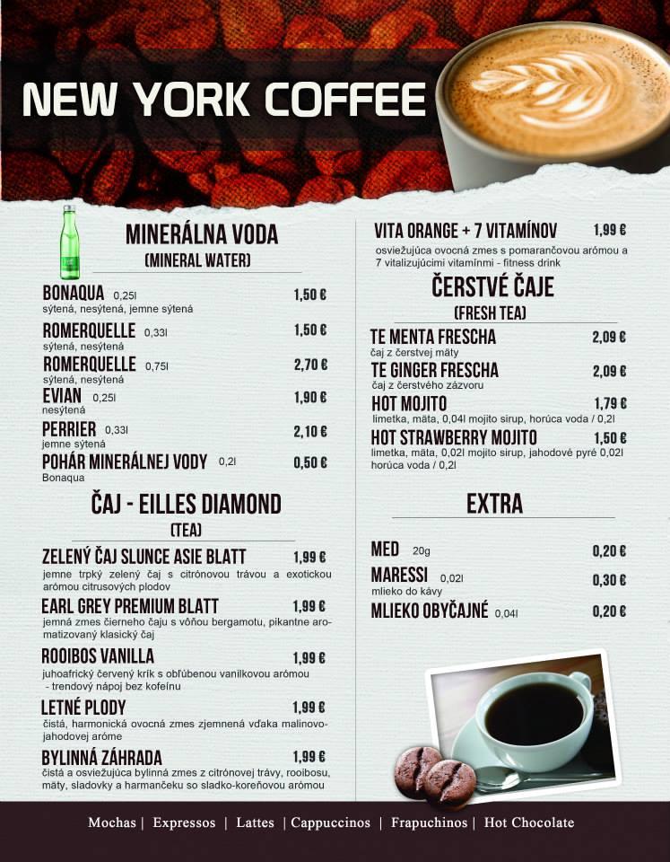 Menu at New York coffee cafe, Košice