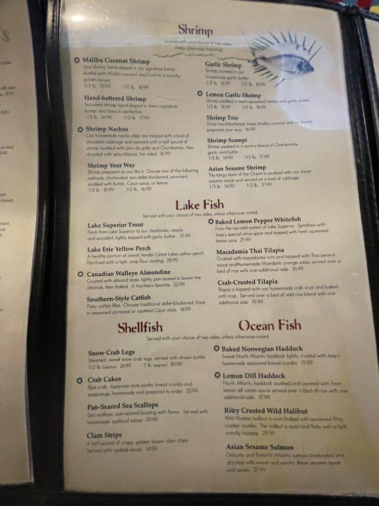 Menu At Joeys Seafood And Grill Restaurant Houghton