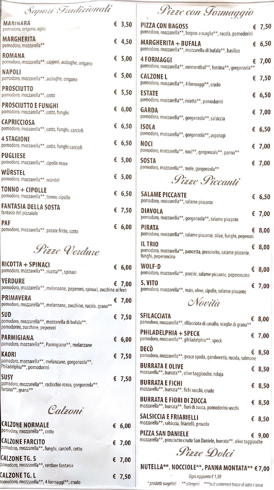 Menu Da La Sosta Pizzeria Villanuova Sul Clisi