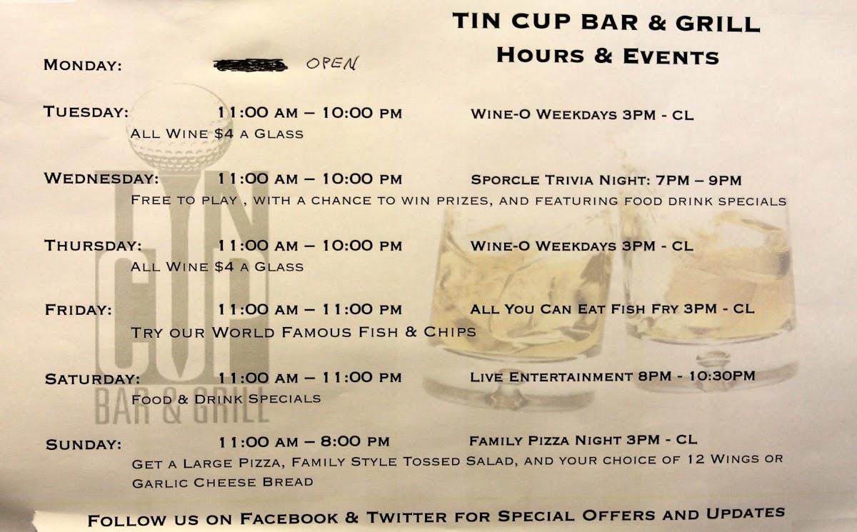 Menu at Tin Cup Bar & Grill, Livonia