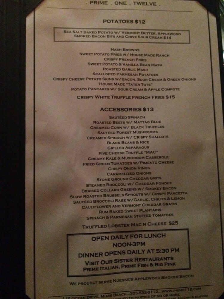 Menu at Prime 112 Restaurant, Miami Beach