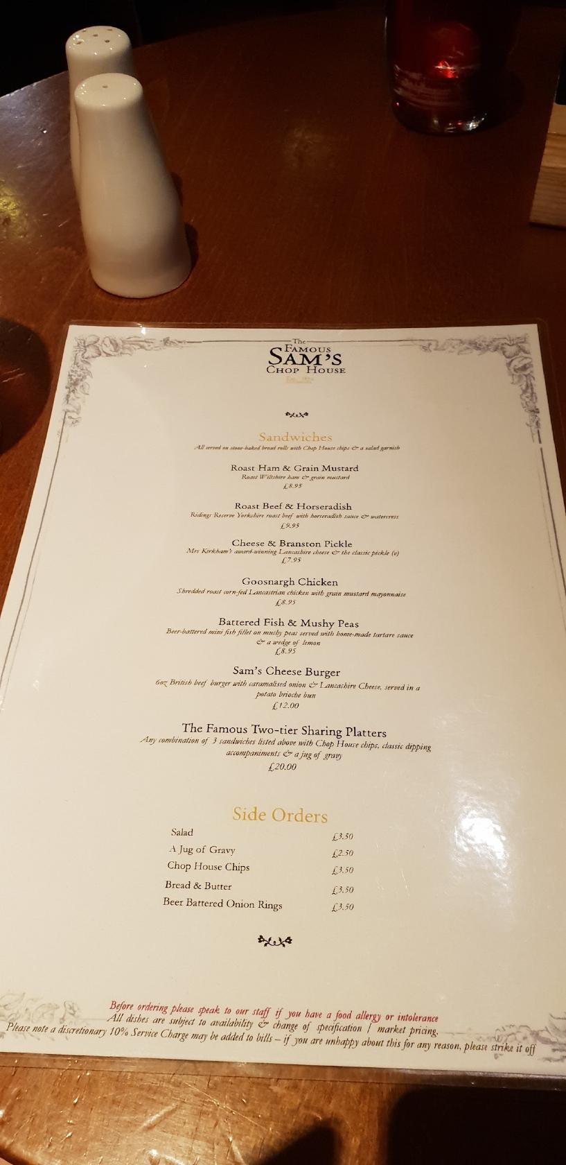 Menu at Sam's Chop House pub & bar, Manchester