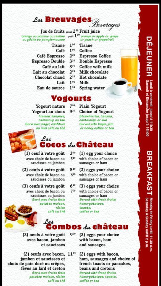 Menu au Château saintjérôme pizzeria, SaintJérôme