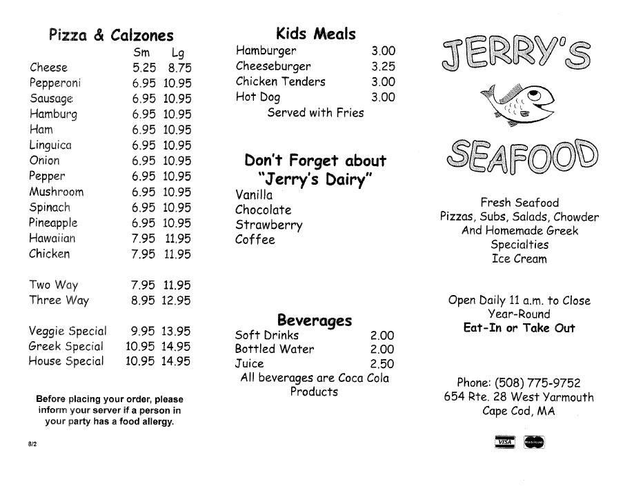 Menu at Jerry's Seafood & Dairy Freeze restaurant, Yarmouth