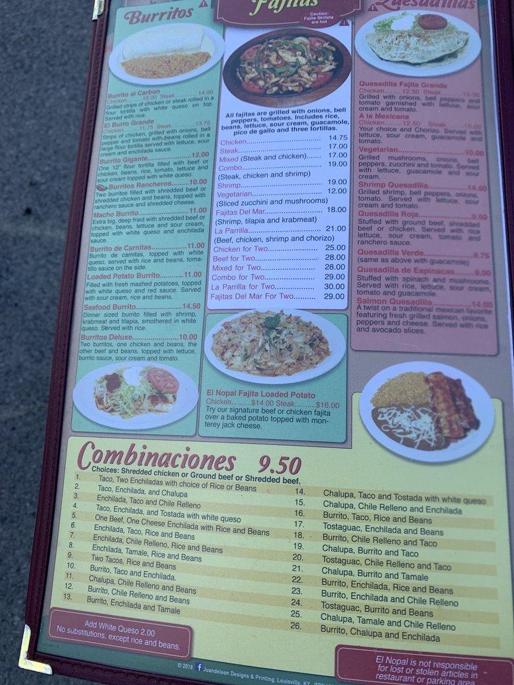 Menu at El Nopal Mexican Food Simpsonville restaurant, Simpsonville