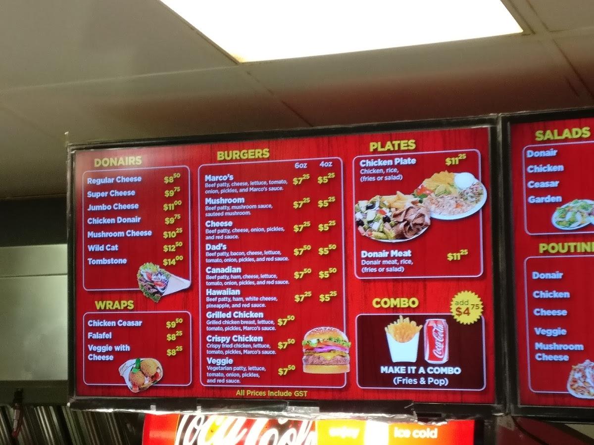 Menu at Marcos Famous University restaurant, Edmonton, 114 St NW