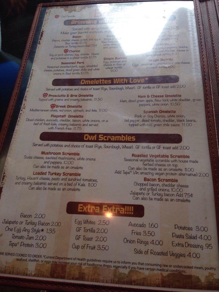 Menu at The Toasted Owl Cafe, Flagstaff