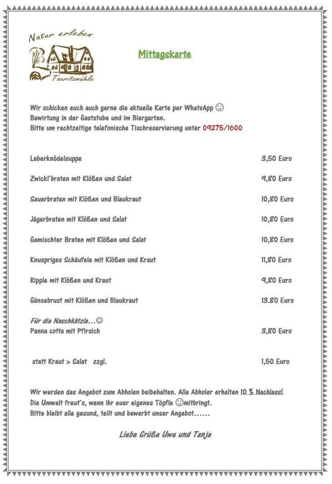 Speisekarte von Wanderschutzhütte Tauritzmühle pub & Bar, Speichersdorf