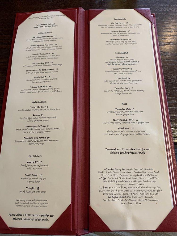 Carta del pub y bar Timberline Craft Kitchen & Cocktails, Silverthorne