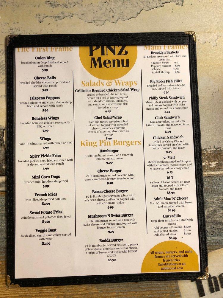Menu at PINZ, Dell Rapids
