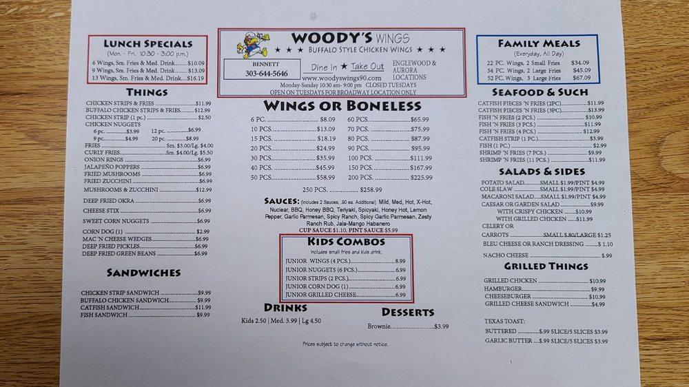 Menu at Woody's Wings 2 restaurant,