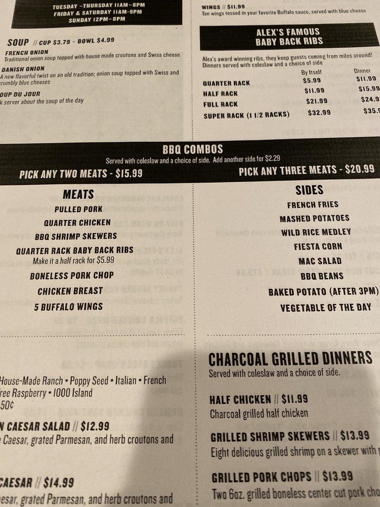 Menu at Alex's Place steakhouse, Batavia