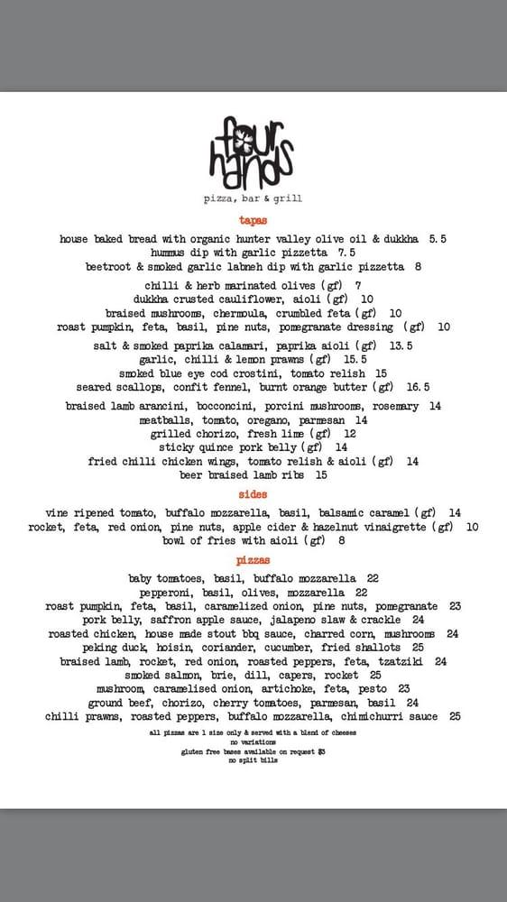 Menu at Four Hands Pizza Bar & Grill, Terrigal