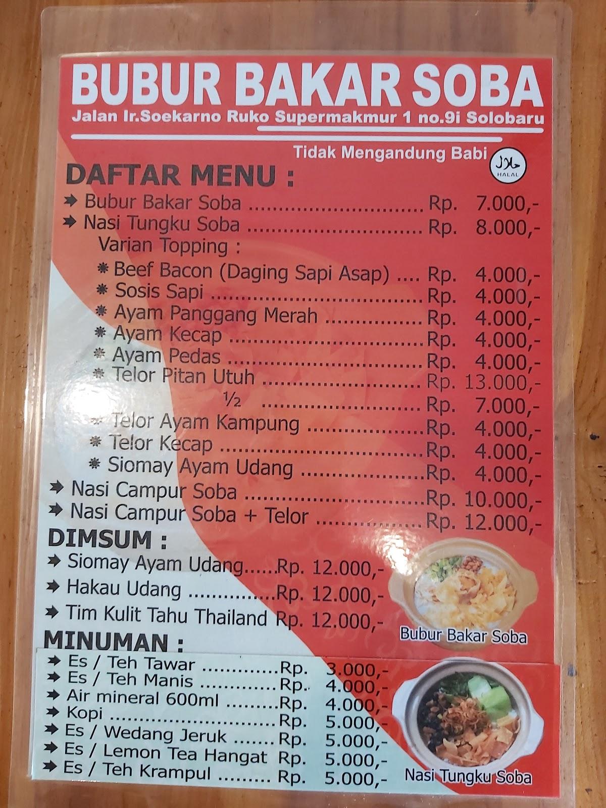 Menu at Bubur Bakar Soba restaurant, Sukoharjo