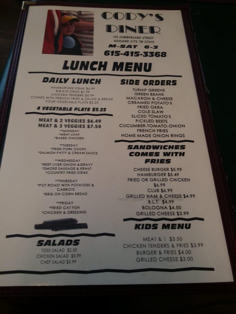 Menu at Cody's Diner cafe, Ashland City
