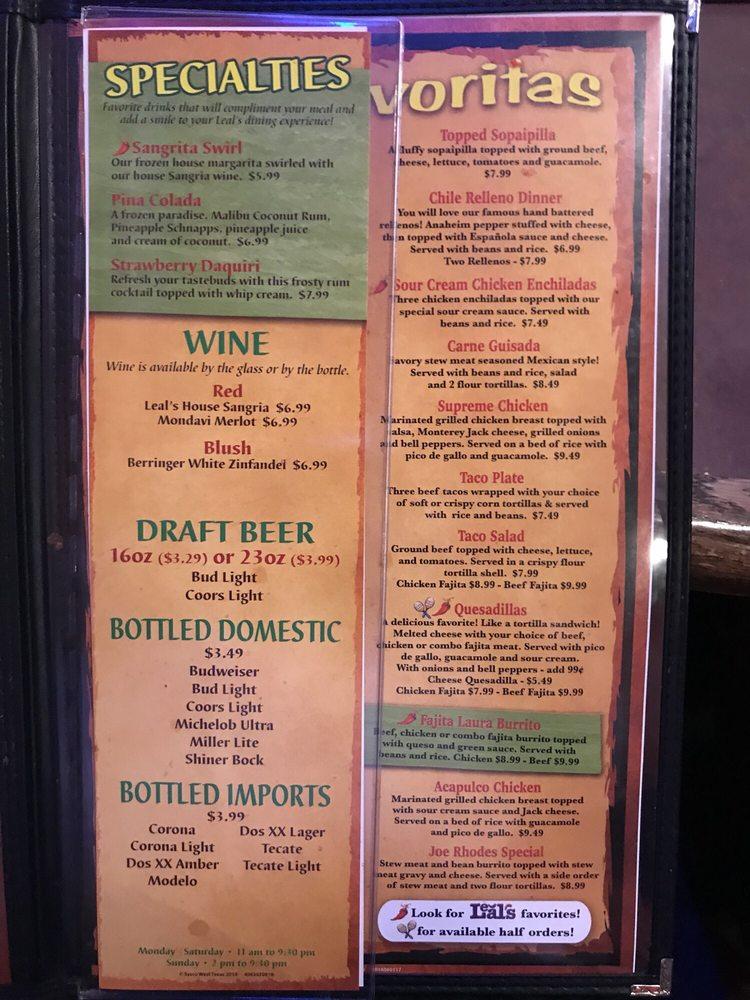 Menu at Leal's Mexican Restaurant, Plainview