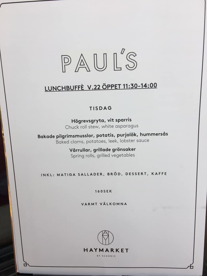 Menu at Paul's restaurant, Stockholm