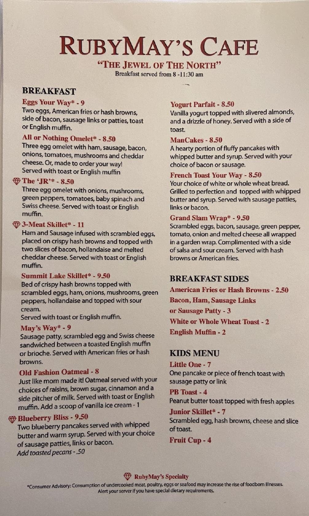 Menu at Ruby May's cafe, Summit Lake