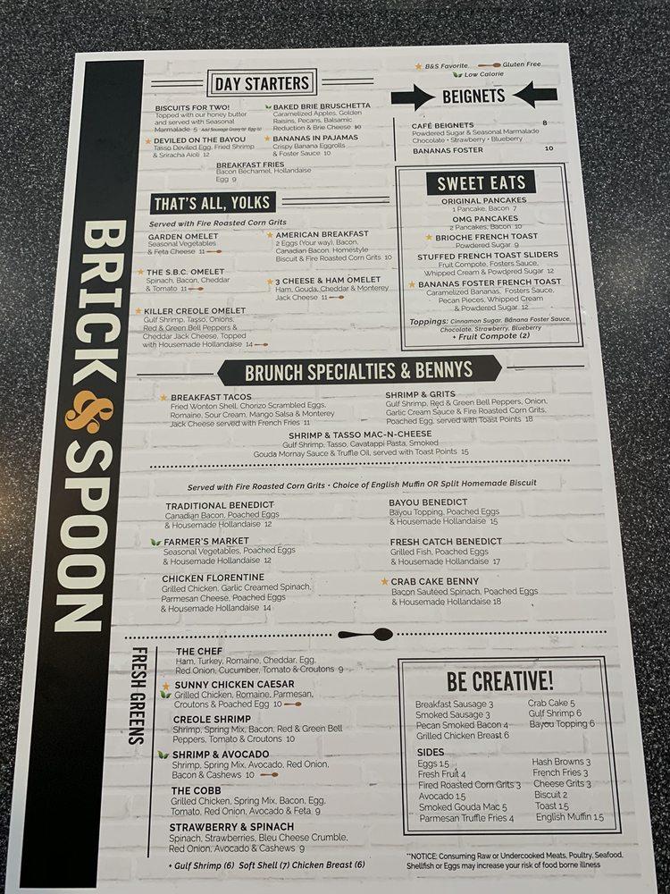 Menu at Brick & Spoon restaurant, Biloxi