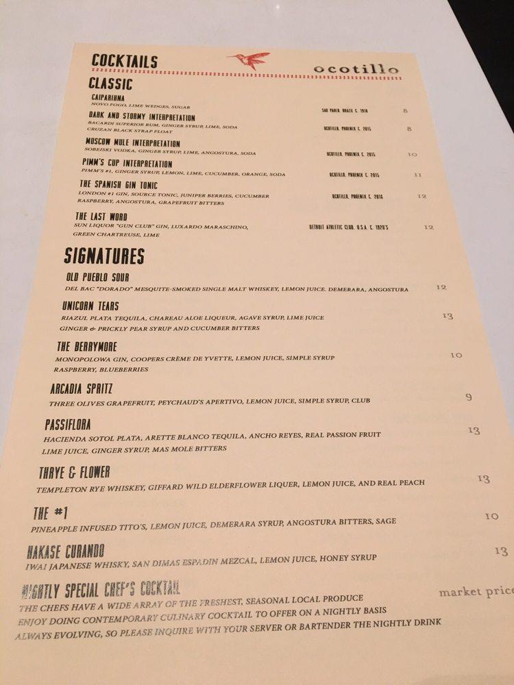 Menu at Ocotillo pub & bar, Phoenix