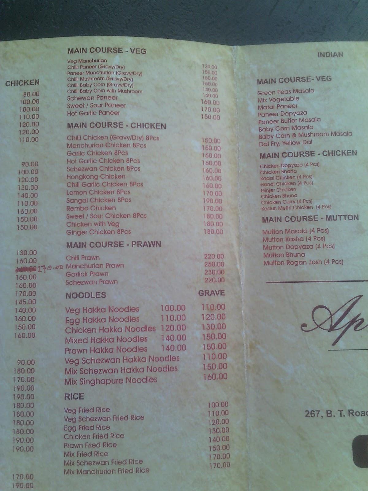 Apurba Lals Restaurant menu