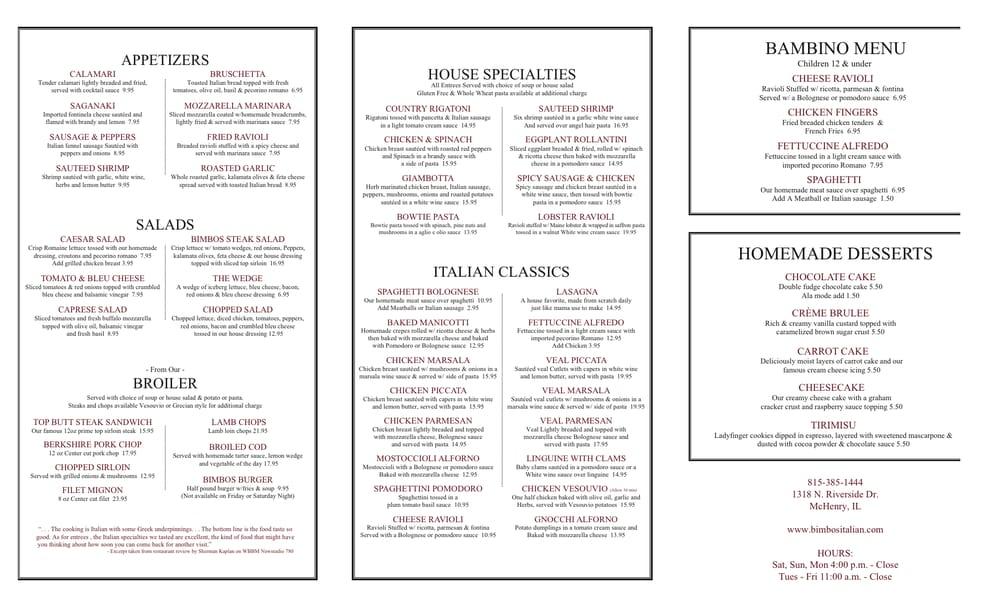 Menu at Bimbo's Italian Restaurant, McHenry
