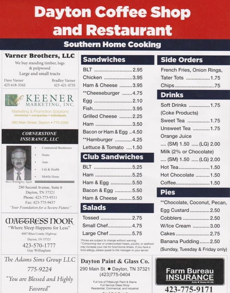 Menu at Dayton Coffee Shop restaurant, Dayton