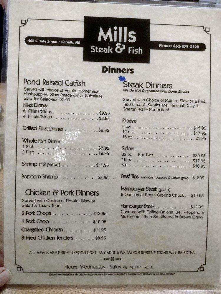 Menu at Mills Steak And Fish steakhouse, Corinth