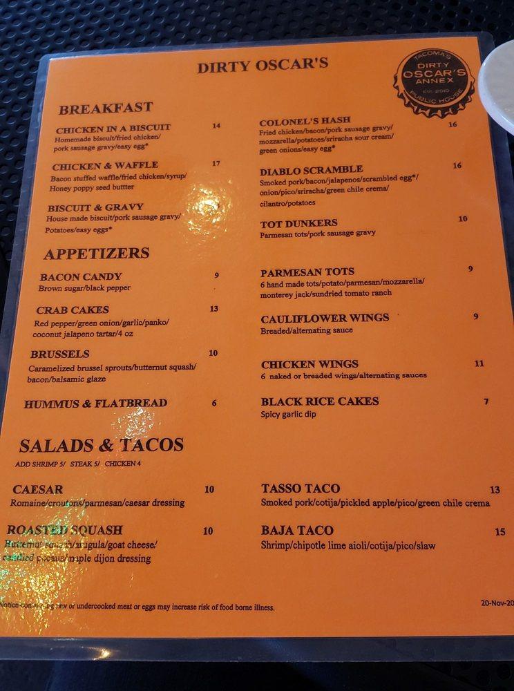 Menu at Mini Oscar's Annex restaurant, Sumner