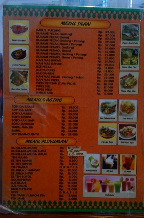 Menu at Dapur Betawi restaurant, Depok, Jl. Delima