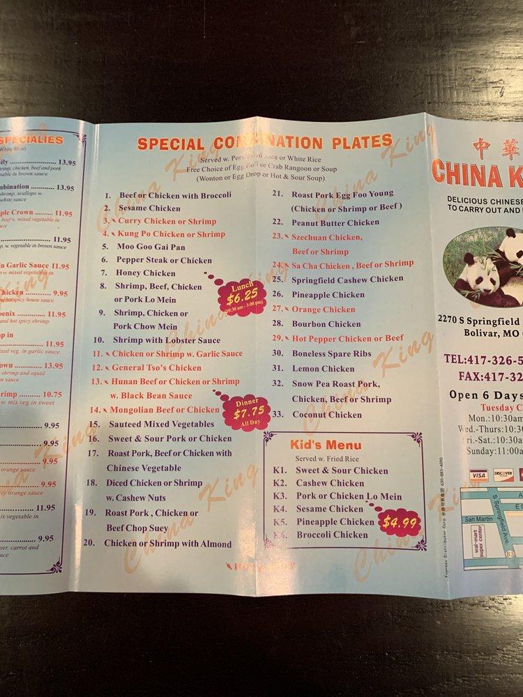 Menu at China King restaurant, Bolivar
