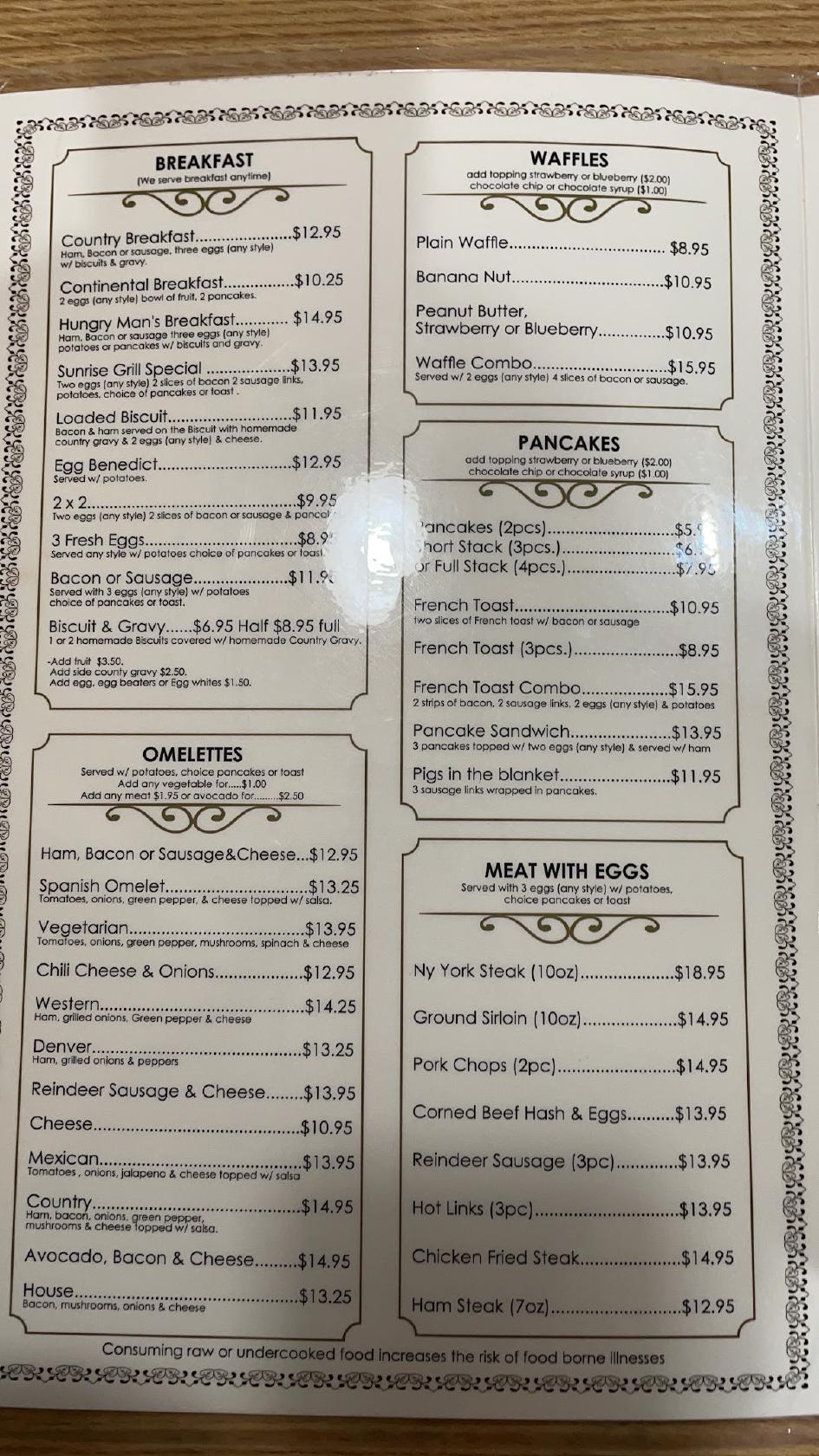 Menu at Sunrise Grill restaurant, Palmer